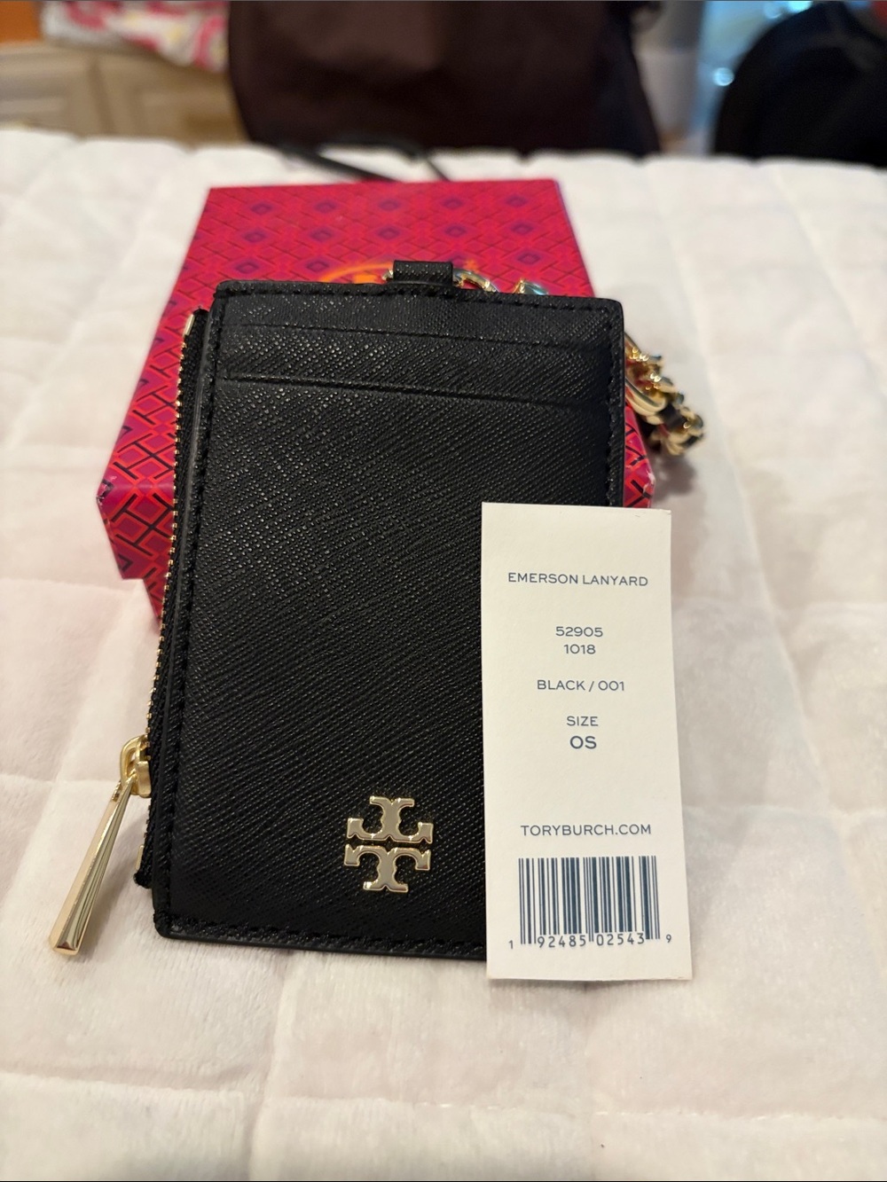 Tory Burch Black Leather Card Holder with Gold Chain Lanyard - Picture 3 of 5